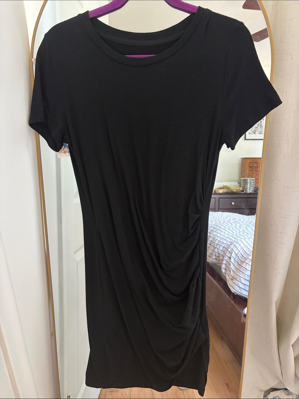 Classic Black Short-Sleeve Draped Tunic Dress